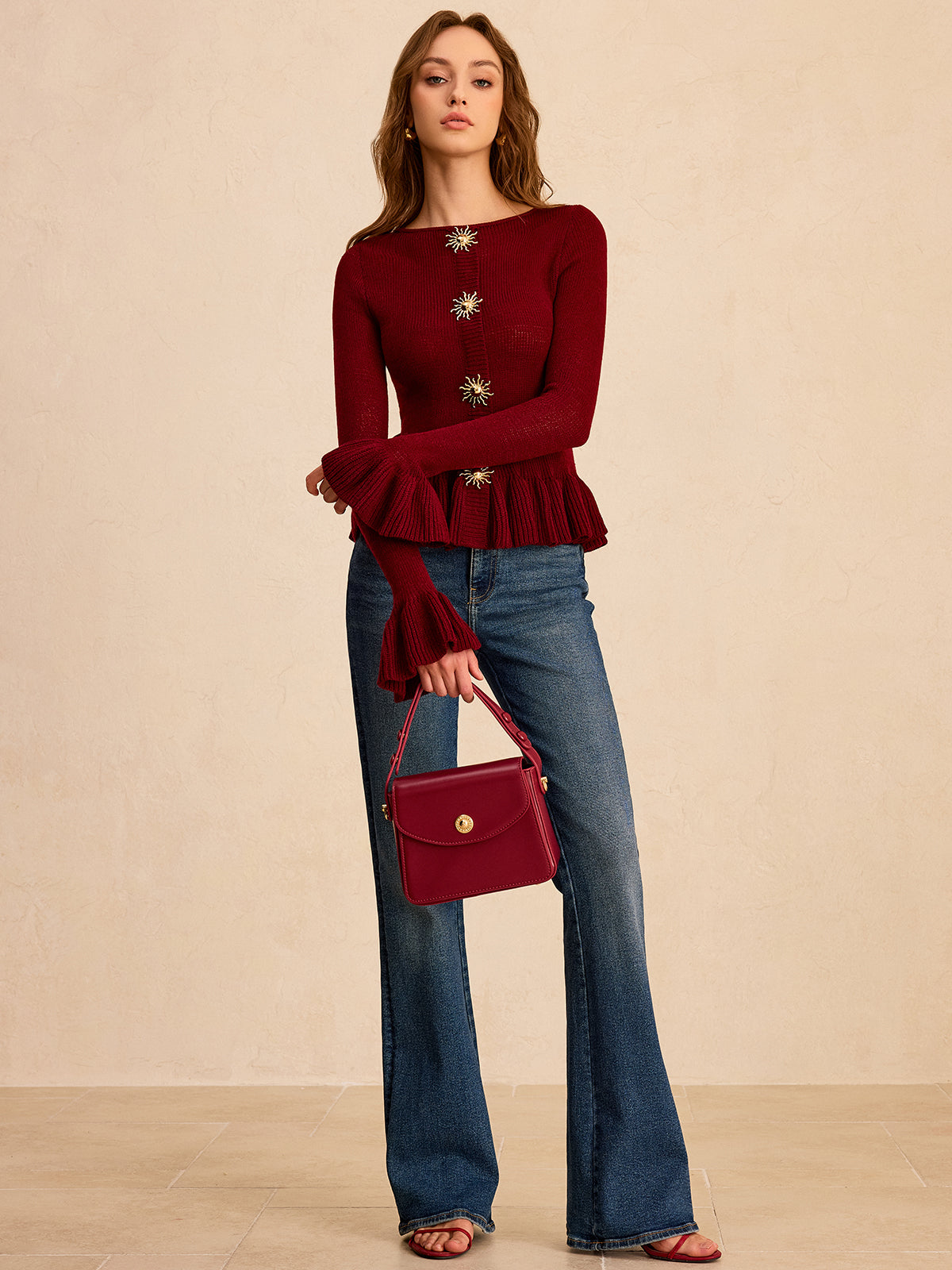 Metal Detail Ruffled Hem Knit Top 2