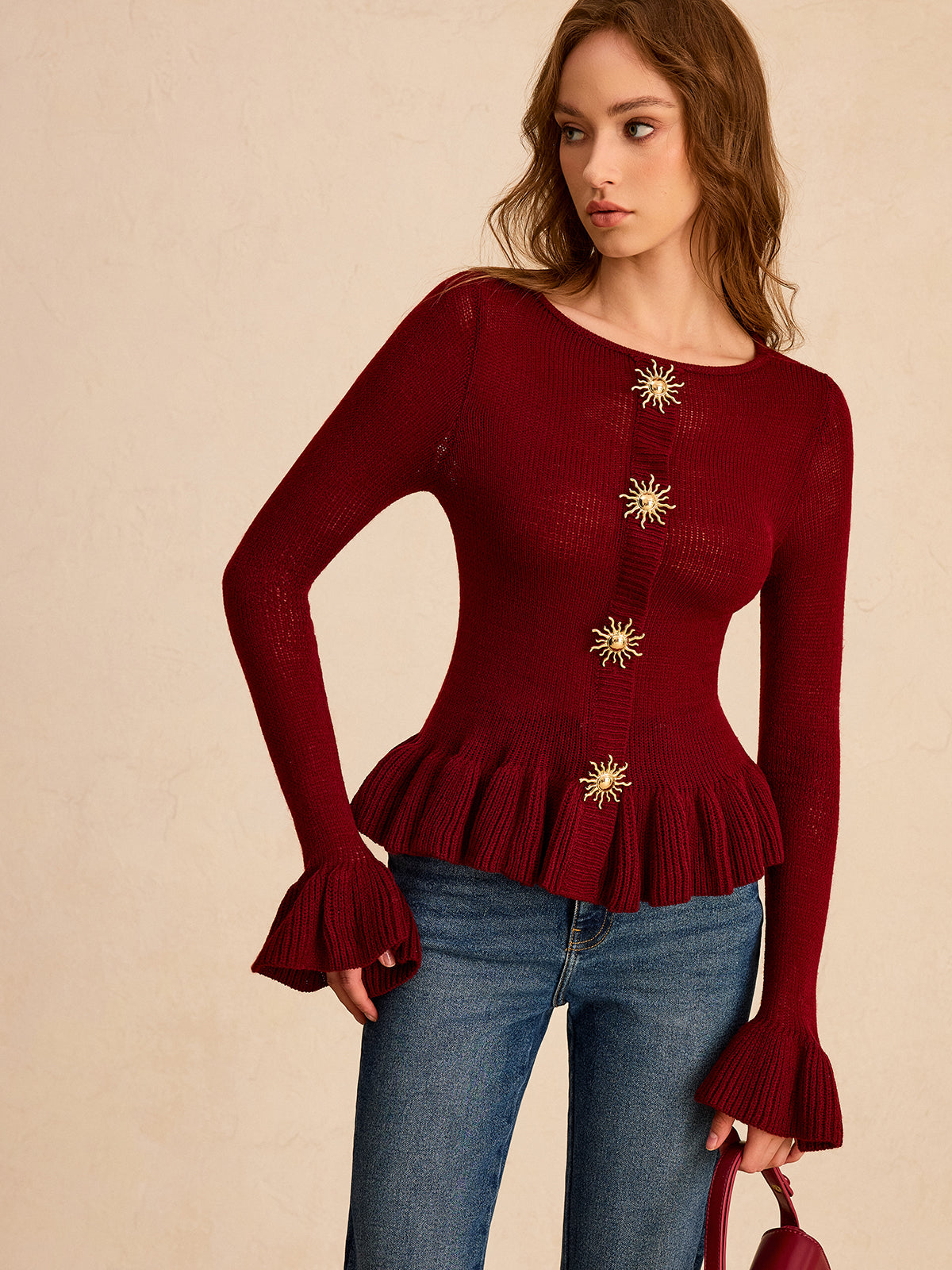 Metal Detail Ruffled Hem Knit Top 3