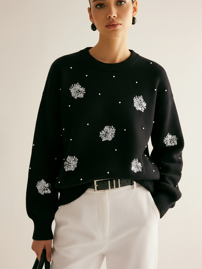 Sequin Floral & Pearl Accent Sweater 0