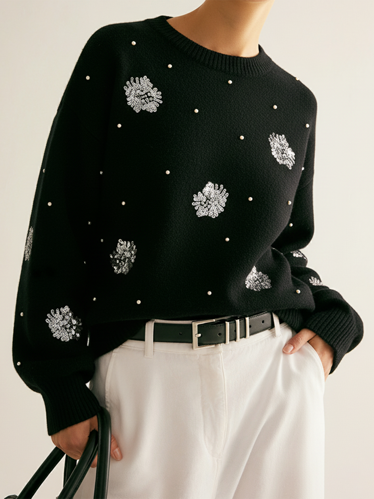 Sequin Floral & Pearl Accent Sweater 5
